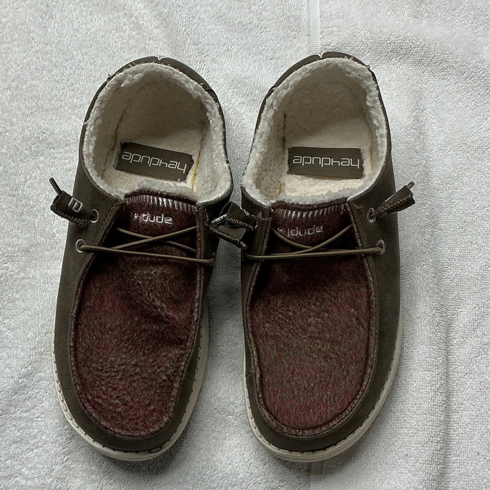 Hey Dude Brown and Burgundy Fleece-Lined Slip-Ons